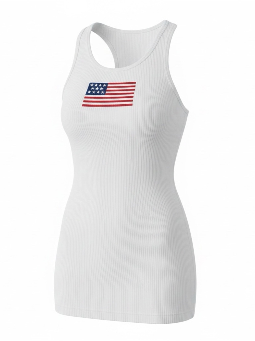 Zenana Outfitters White Ribbed Racerback Tank with Flag Graphic